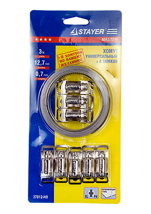 37812-H8, Набор хомутов червячных 3мх12,7мм + 8 замков  нерж.сталь