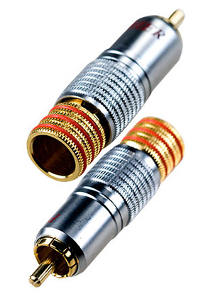 1-280G RED, штекер RCA металл цанга на кабель d до 11.0мм, красный "позолоченный"